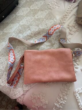 Women's Coral Crossbody Bag with Patterned Strap